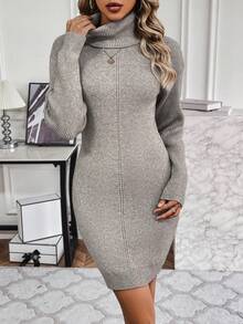 SHEIN Essnce Turtleneck Drop Shoulder Sweater Dress - Light Grey - View 5