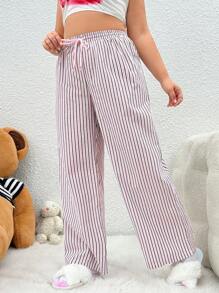 SHEIN EZwear Pantalones De Talla Grande Para Mujer De Pierna Ancha Con Cordón Y Raya Colorida Y Ajuste Suelto - Multicolor - Ver 5