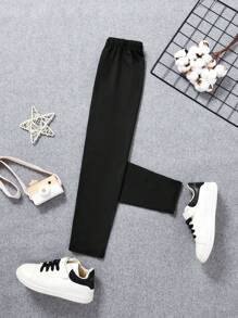 SHEIN Tween Girl Solid Elastic Waist Leggings - Black - View 1