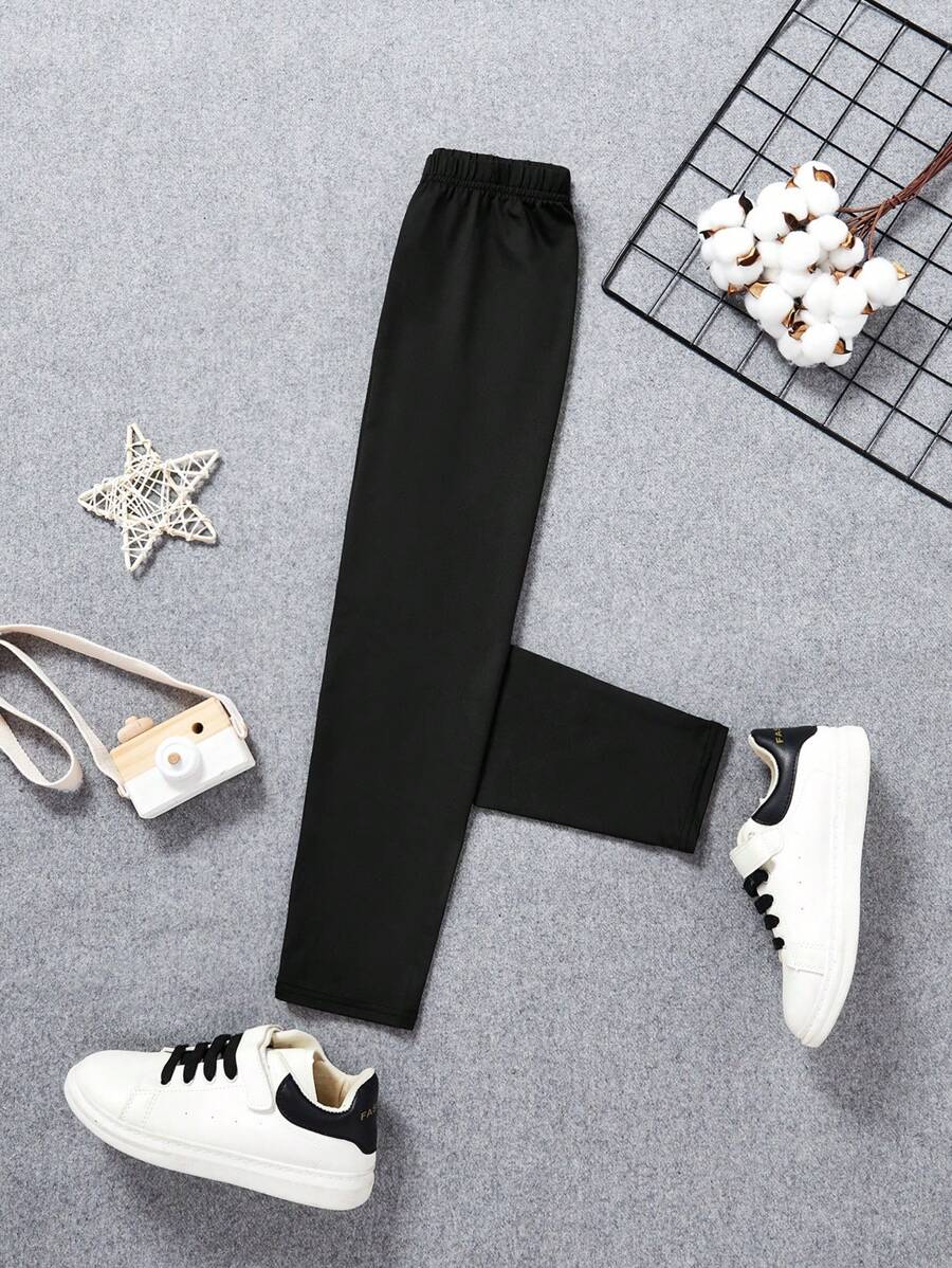 SHEIN Tween Girl Solid Elastic Waist Leggings - Black - View 1