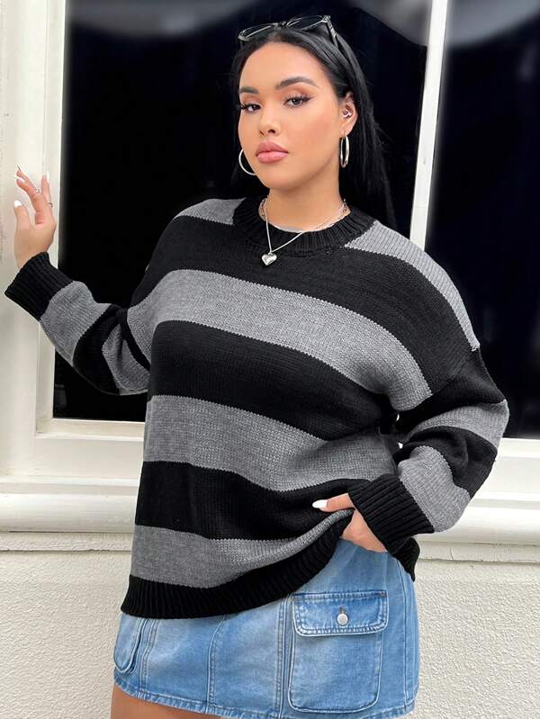 SHEIN EZwear Plus Two Tone Drop Shoulder Sweater