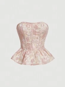 SHEIN MOD 花卉圖案提花荷葉邊下擺抹胸上衣 - 彩色 - 查看 1