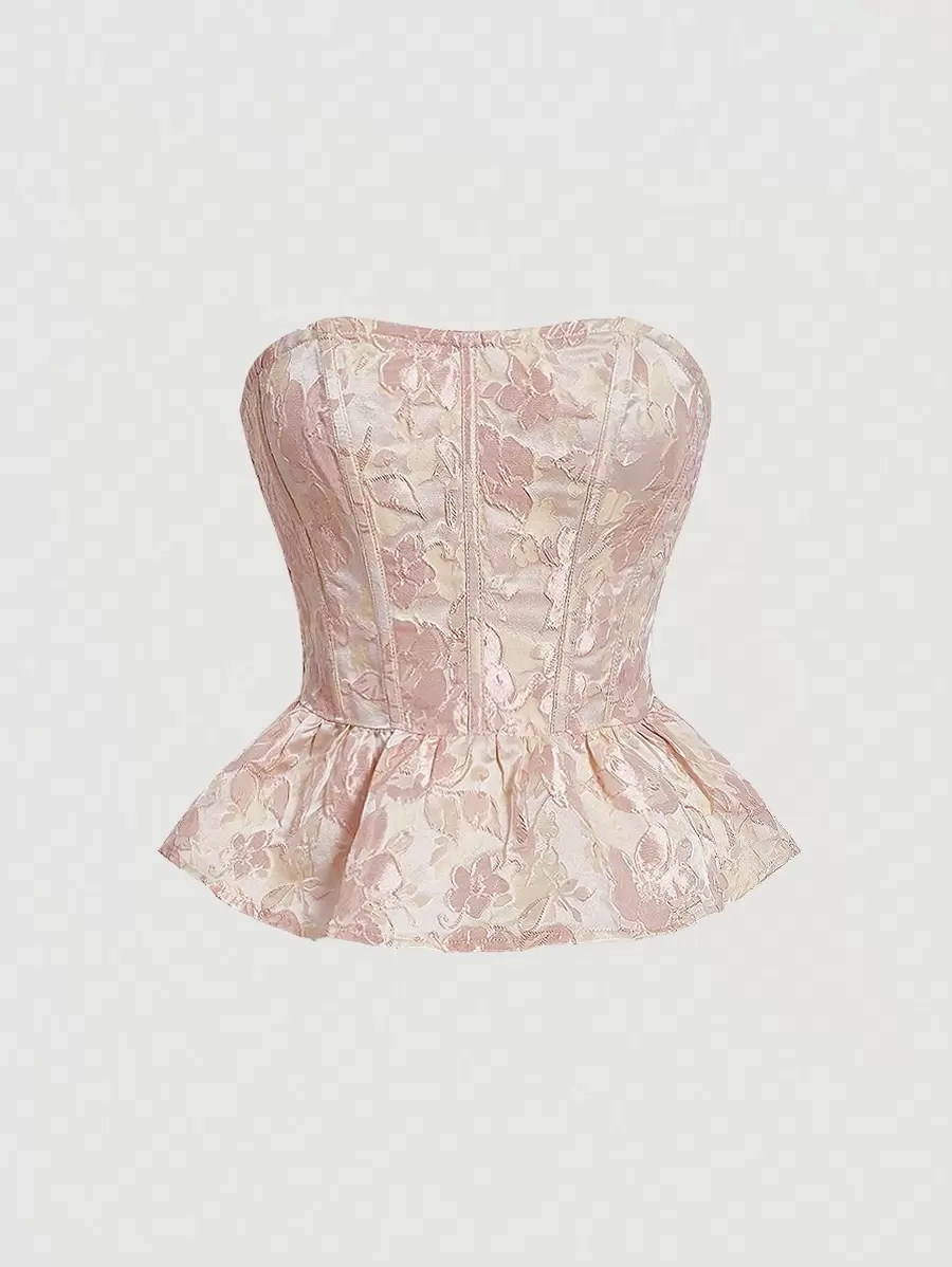 SHEIN MOD 花卉圖案提花荷葉邊下擺抹胸上衣 - 彩色 - 查看 1