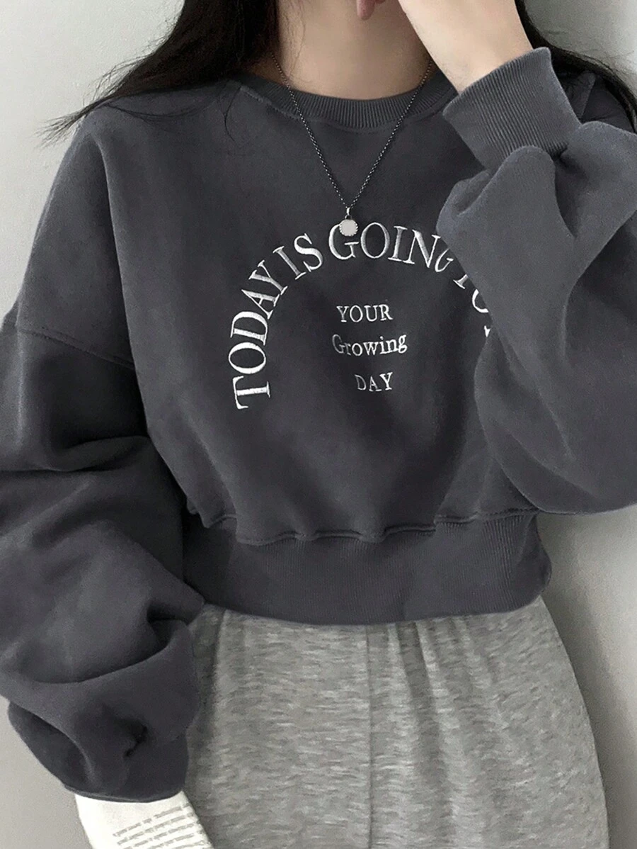 DAZY Letter Embroidered Drop Shoulder Crop Pullover,Long Sleeve Tops,Fall Clothes Sweatshirt - Dark Grey - View 1