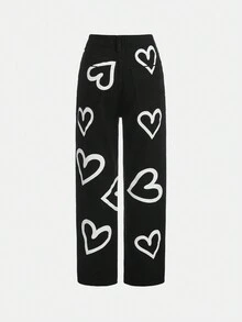 女大童愛心圖案直筒牛仔褲 - 黑色 - 查看 2