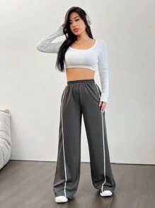 SHEIN EZwear 拼接側邊接縫闊腿衛褲 - 灰色 - 查看 5