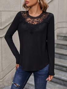 SHEIN LUNE Guipure Lace Insert Keyhole Back Tee - Black - View 5