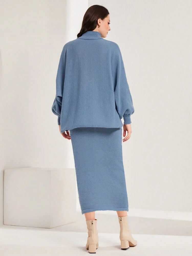 Letter Embroidery Turtleneck Batwing Sleeve Sweater & Knit Skirt