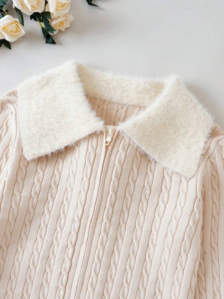 Tween Girl Borg Collar Zip Up Cable Knit Cardigan