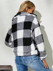 SHEIN Frenchy In kẻ sọc Buffalo Thả vai Flannel Áo khoác - Đen và trắng - Xem 2