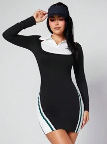 SHEINNeu 撞色拼接領挖空細節緊身洋裝 - 黑色 - 查看 1