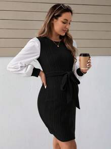 SHEIN 孕婦撞色燈籠袖繫腰帶洋裝 - 黑色 - 查看 3