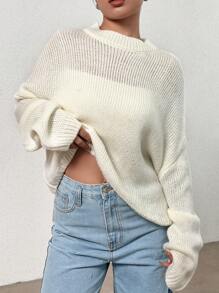 SHEIN Unity Áo len dệt kim gân vai rớt không có áo lót bên trong, áo len chui đầu mùa thu đông. - trắng - Xem 5