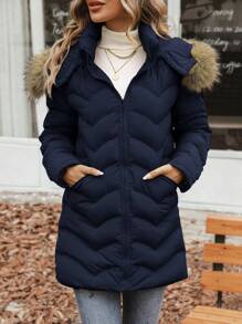 EMERY ROSE 毛绒装饰连帽拉链加厚棉服外套冬季 - 藏蓝色 - 查看 3