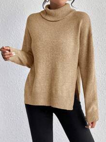 SHEIN Essnce 高領落肩袖下擺開叉套頭毛衣 - 駝色 - 查看 5