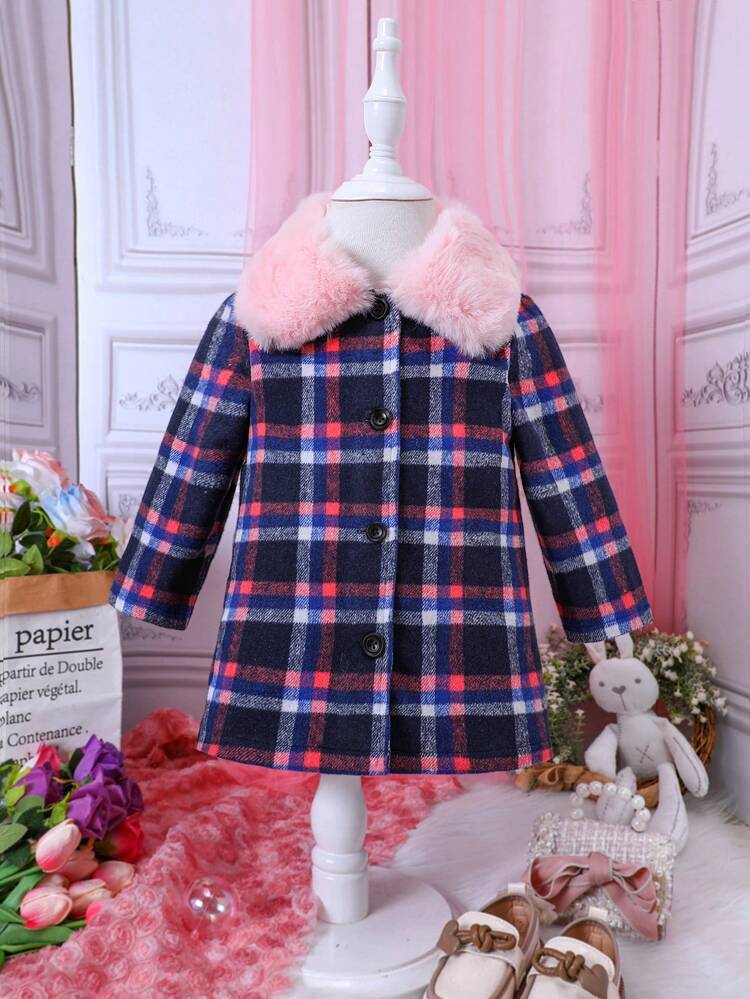 Toddler Girls' Sweet & Cool Plaid Woolen Coat For Autumn And Winter