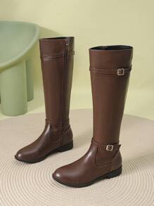 2023 Mùa Thu /đông Bộ sưu tập Ngoài trời Của phụ nữ Vượt lên đầu gối Giày ống Với Dày Gót chân , Chóp giầy tròn , Dây kéo bên & Kim loại Dây đeo có khóa - màu nâu - Xem 8