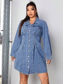 SHEIN ICON Plus Flap Pocket Fold Pleated Denim Dress - Medium Wash - View 3