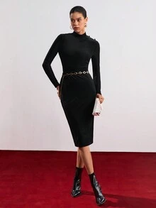 BizChic 2件純色立領t卹+a字裙套裝 - 黑色 - 查看 9