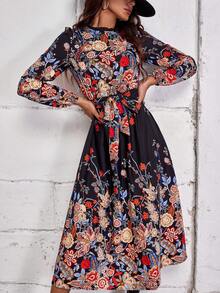 SHEIN LUNE 印花燈籠袖繫腰帶洋裝 - 彩色 - 查看 3