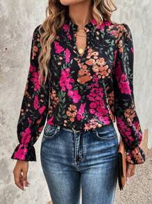 SHEIN VCAY 印花喇叭袖襯衫 - 彩色 - 查看 3