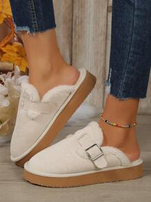 New Arrival Fluffy Slip-On Slippers, Thick Sole Snow Slides With Toe Cover And Plush Lining For Women, Suitable For Fall/Winter,Furry Shoes