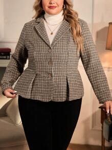 SHEIN Clasi Plus Houndstooth Fold Pleated Hem Blazer - Black and White - View 3