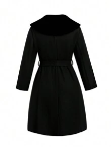 SHEIN LUNE 大碼毛茸茸大翻領腰帶花呢外套 - 黑色 - 查看 2