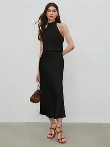 BizChic 女士纯色宽松吊带衫，简约都市通勤基础款时尚优雅商务休闲上衣，适合办公室、教师穿着 - 黑色 - 查看 2