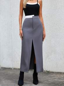 SHEIN Essnce Contrast Panel Waist Split Thigh Skirt - Grey - View 1