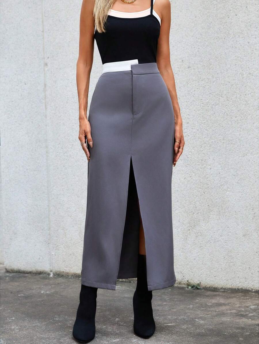 SHEIN Essnce Contrast Panel Waist Split Thigh Skirt - Grey - View 1