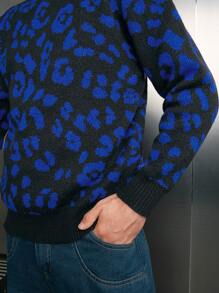 SWAVVY 1pc Leopard Pattern Drop Shoulder Sweater - Blue - View 6