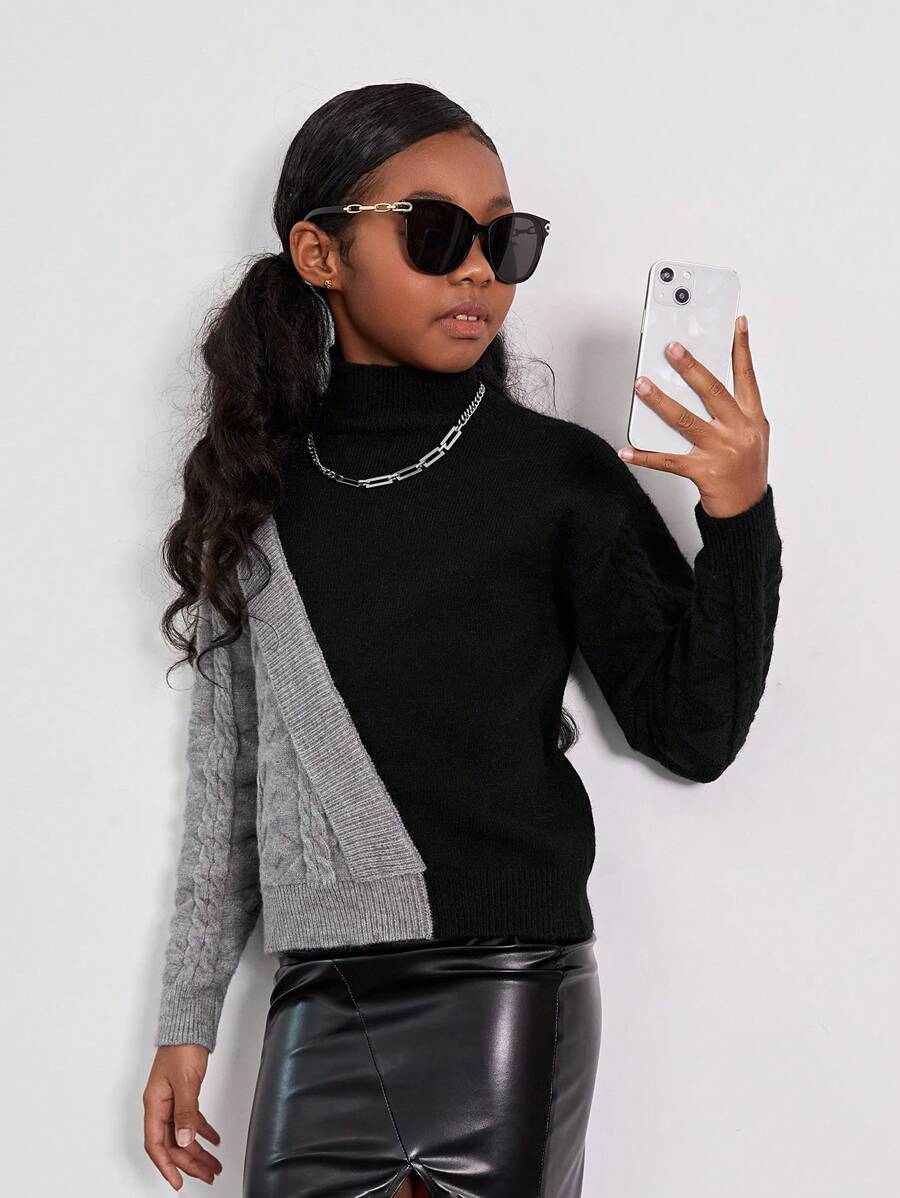 SHEIN Suéter De Cuello Alto Y Hombros Caídos Para Niñas Adolescentes - Multicolor - Ver 1