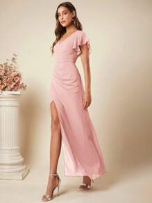 SHEIN Belle 蝴蝶袖开叉裹腿伴娘礼服婚礼宾客礼服优雅连衣裙