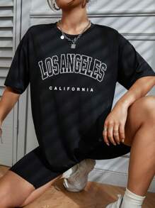 SHEIN Đồ họa Chữ cái Áo thun Thả vai - màu đen - Xem 6