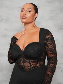 SHEIN BAE Hơn Ren tương phản Cổ Trái tim Chân bùng Áo liền quần - màu đen - Xem 6