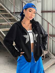 SHEIN EZwear 女用鑽石和星星裝飾黑色連帽拉鍊運動衫 - 黑色 - 查看 3