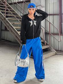 SHEIN EZwear 女用鑽石和星星裝飾黑色連帽拉鍊運動衫 - 黑色 - 查看 6