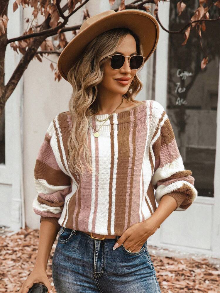 Striped Pattern Boat Neck Batwing Sleeve Knit Pullover Fall Winter Sweater