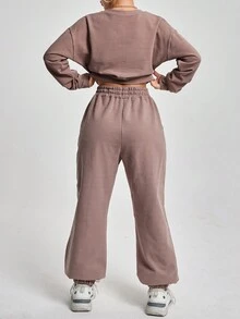 EURMUSE Juego De Dos Piezas De Top Y Pantalones Con Color Sólido Para Mujer - Caqui - Ver 2