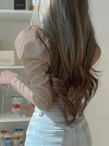 DAZY 纯色方领羊腿袖 T 恤长袖女式上衣，秋季女装 - 卡其色 - 查看 2