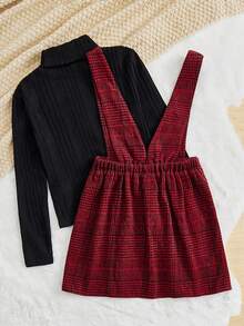 Tween Girl Knitted Solid Color Turtleneck Top With Plaid Suspender Dress Set - Red - View 2