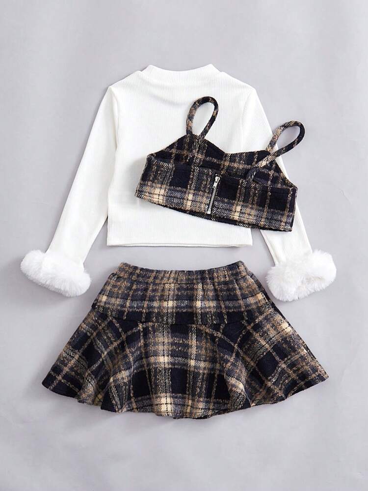 Young Girl Plaid Print Cami Top & Fuzzy Cuff Tee & Flare Skirt