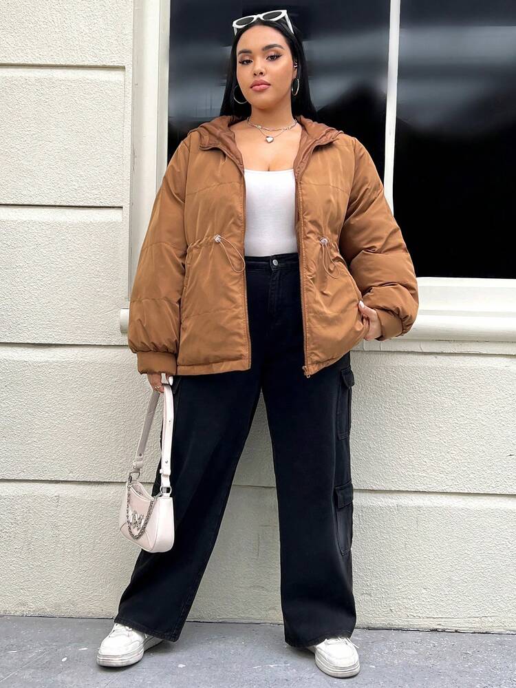 Plus Size Drawstring Waist Zipper Hooded Padded Coat