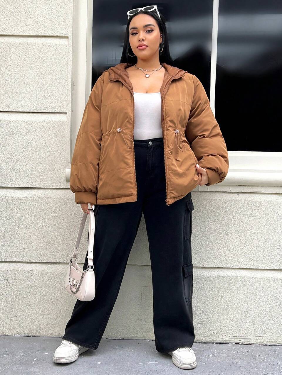 Plus Size Drawstring Waist Zipper Hooded Padded Coat