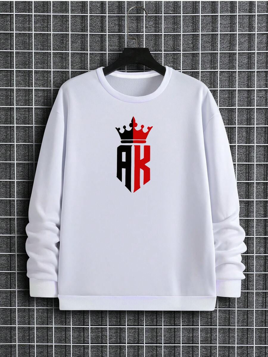 男士皇冠圖案加絨內裏運動衫 - 白色 - 查看 1