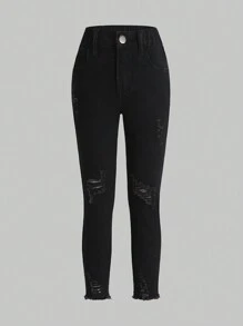 Young Girl Ripped Raw Cut Jeans - Black - View 1