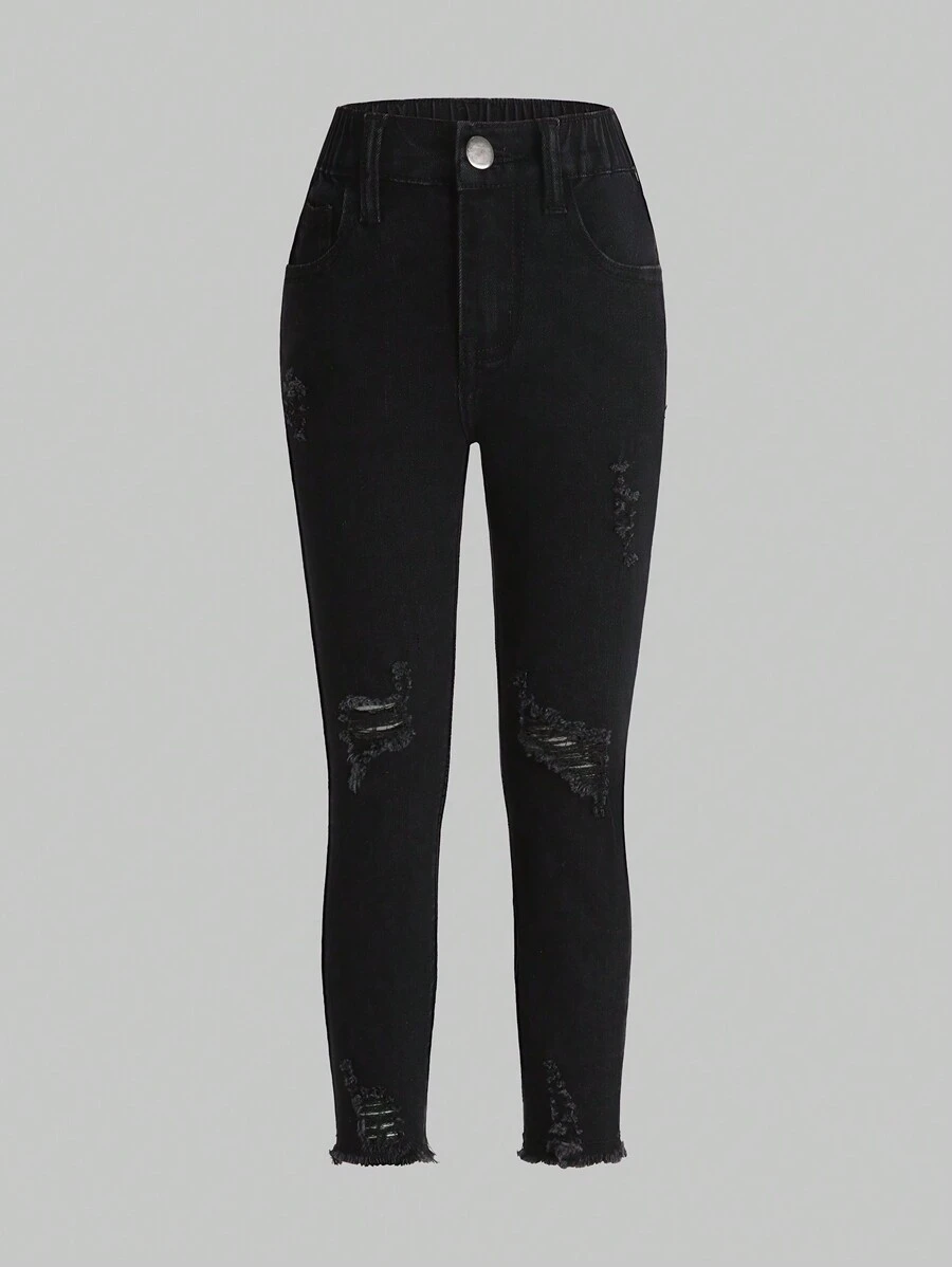 Young Girl Ripped Raw Cut Jeans - Black - View 1