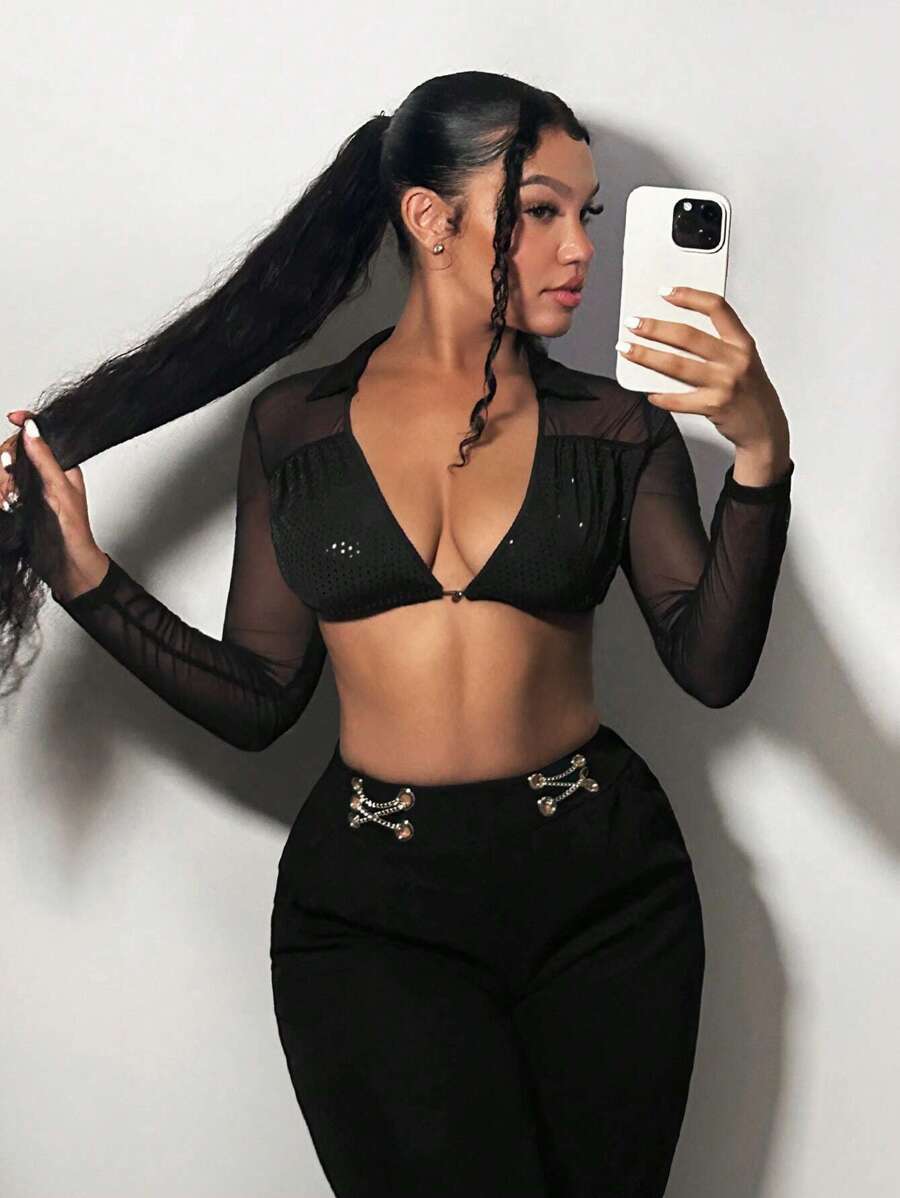 SHEIN SXY 深V領短款網紗上衣 - 黑色 - 查看 1