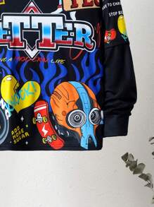 SHEIN Cậu bé Tween Cartoon & Đồ họa chữ cái áo có mũ Áo thun - màu đen - Xem 5